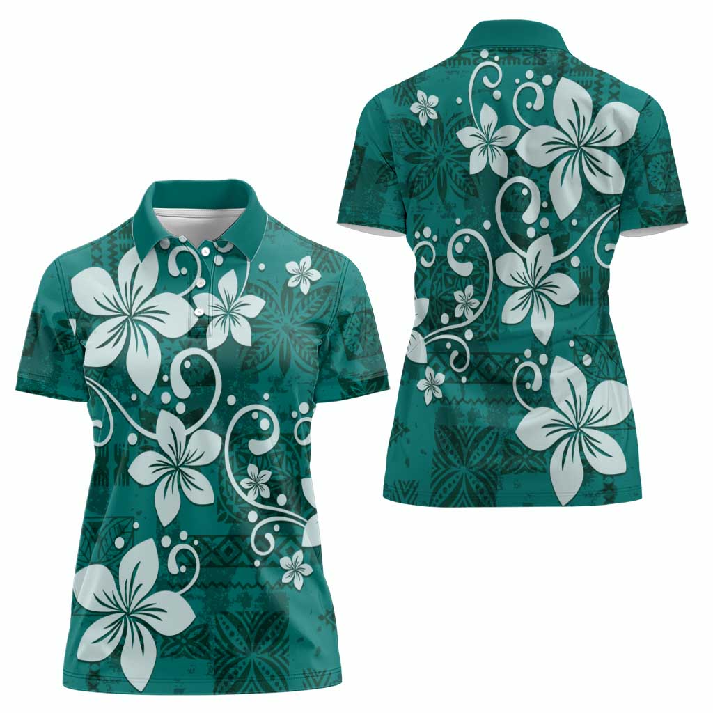 Plumeria Floral Tapa Pattern Crystal Teal Women Polo Shirt
