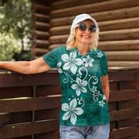 Plumeria Floral Tapa Pattern Crystal Teal Women Polo Shirt