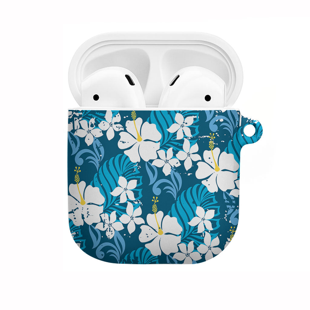 Blue Hawaiian Hibiscus Monstera AirPods Case Grunge Stylized