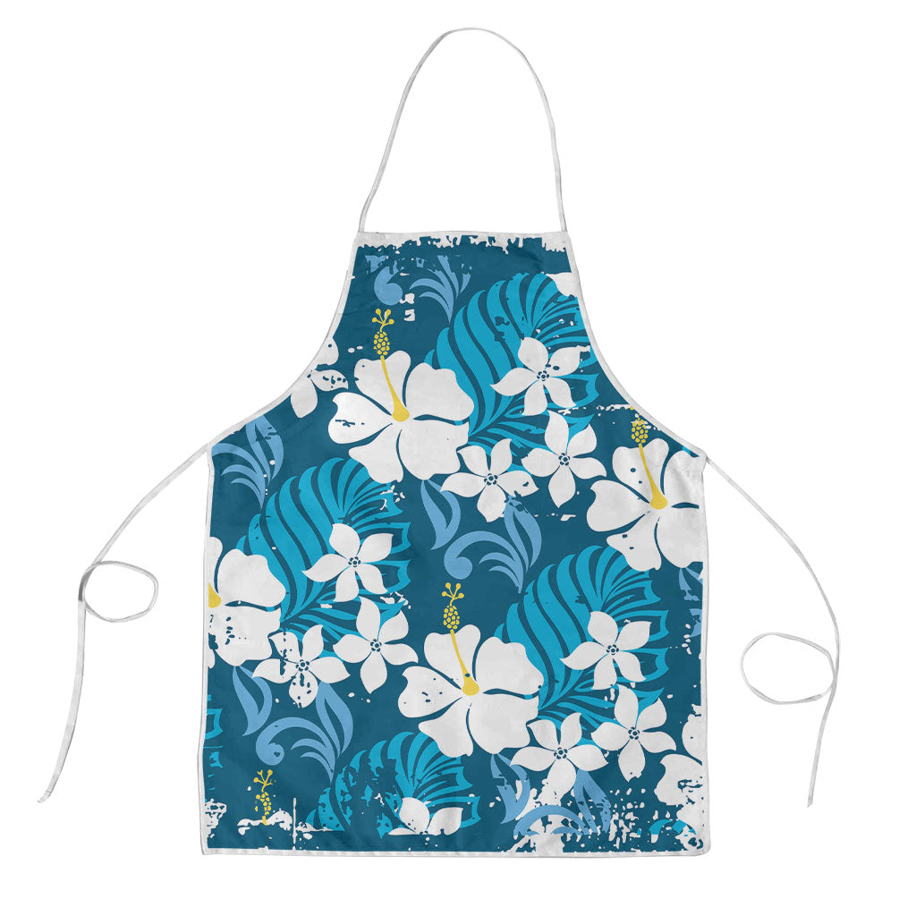 Blue Hawaiian Hibiscus Monstera Apron Grunge Stylized
