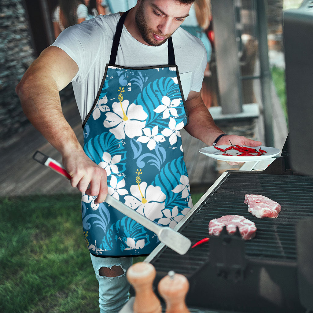 Blue Hawaiian Hibiscus Monstera Apron Grunge Stylized