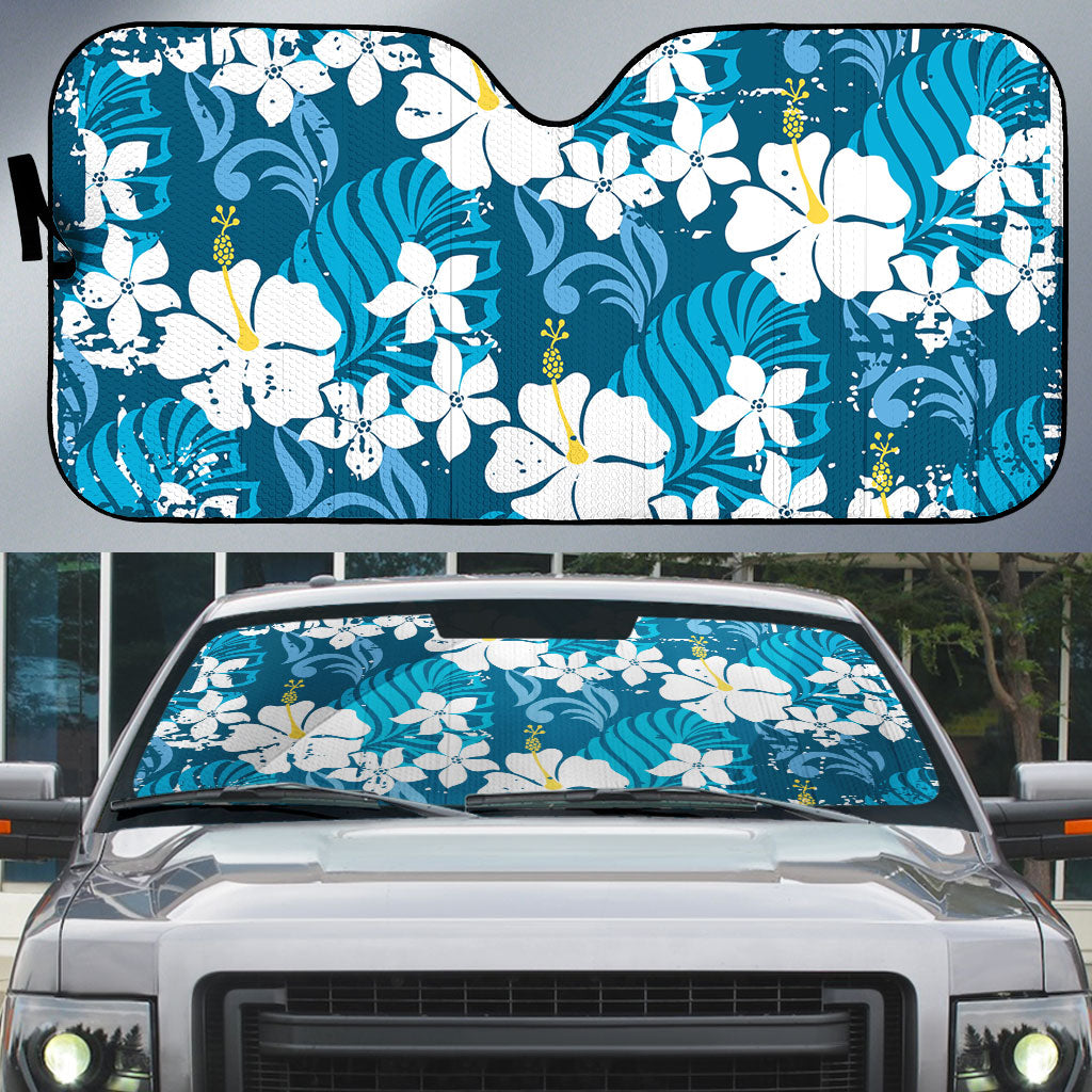 Blue Hawaiian Hibiscus Monstera Auto Sun Shade Grunge Stylized