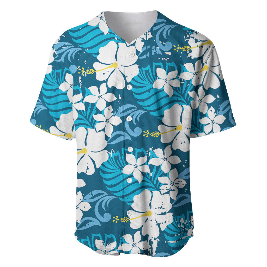 Blue Hawaiian Hibiscus Monstera Baseball Jersey Grunge Stylized