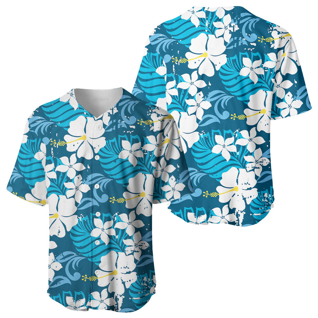 Blue Hawaiian Hibiscus Monstera Baseball Jersey Grunge Stylized