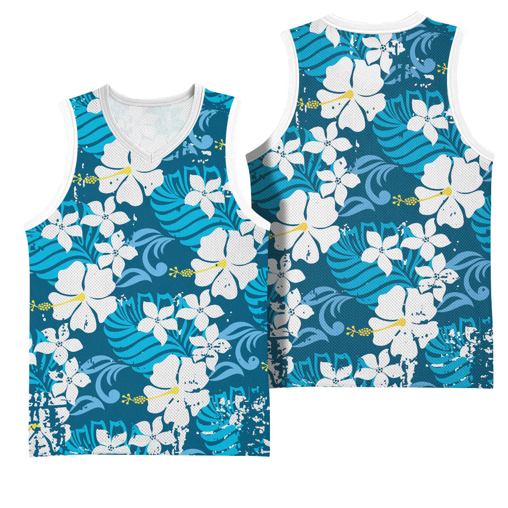 Blue Hawaiian Hibiscus Monstera Basketball Jersey Grunge Stylized