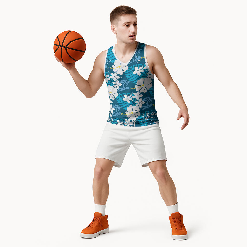 Blue Hawaiian Hibiscus Monstera Basketball Jersey Grunge Stylized