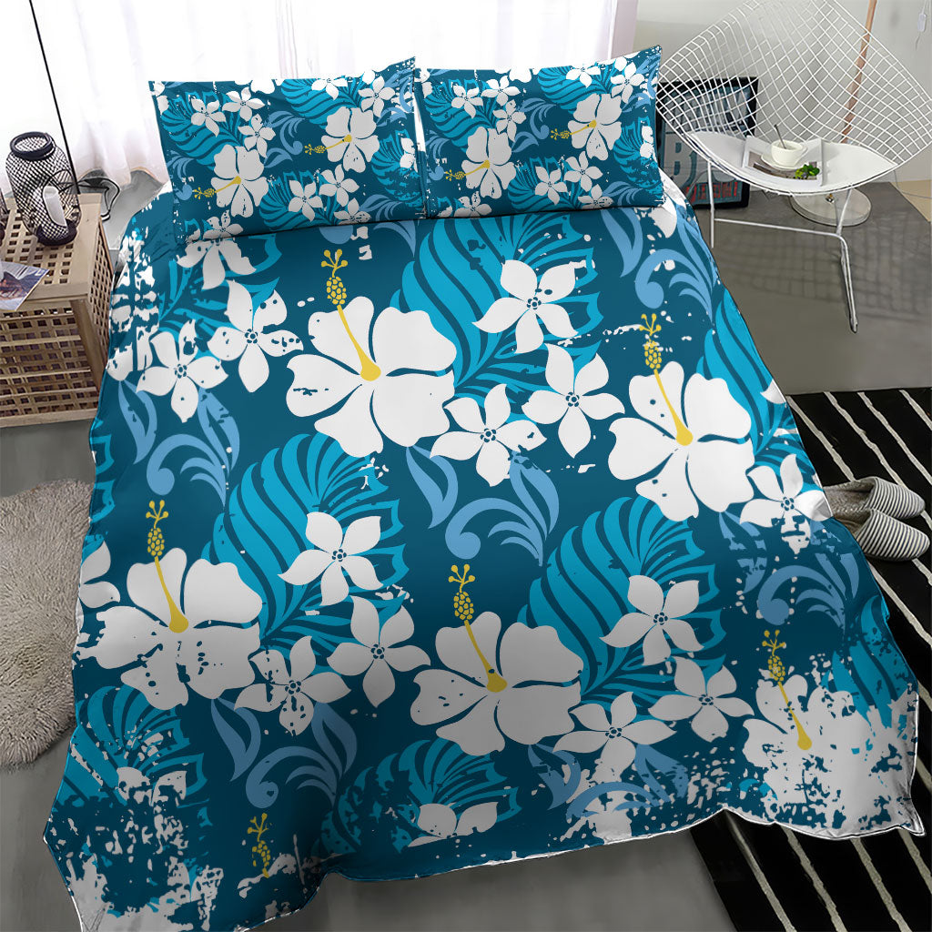 Blue Hawaiian Hibiscus Monstera Bedding Set Grunge Stylized