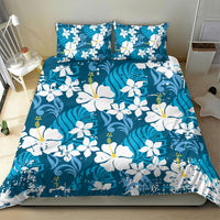 Blue Hawaiian Hibiscus Monstera Bedding Set Grunge Stylized