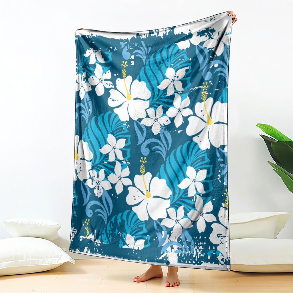 Blue Hawaiian Hibiscus Monstera Blanket Grunge Stylized