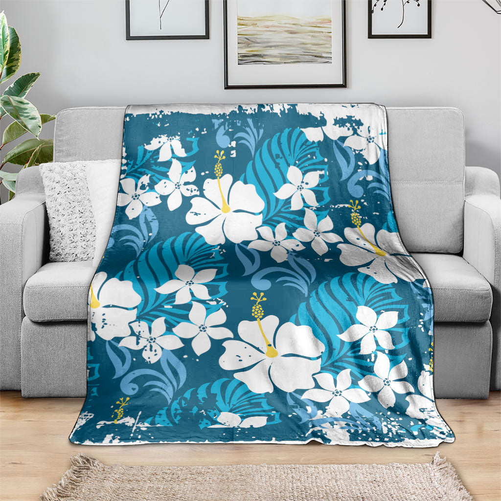 Blue Hawaiian Hibiscus Monstera Blanket Grunge Stylized