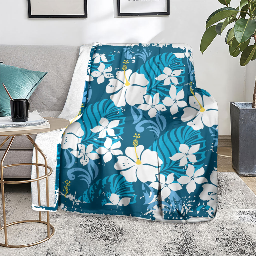 Blue Hawaiian Hibiscus Monstera Blanket Grunge Stylized