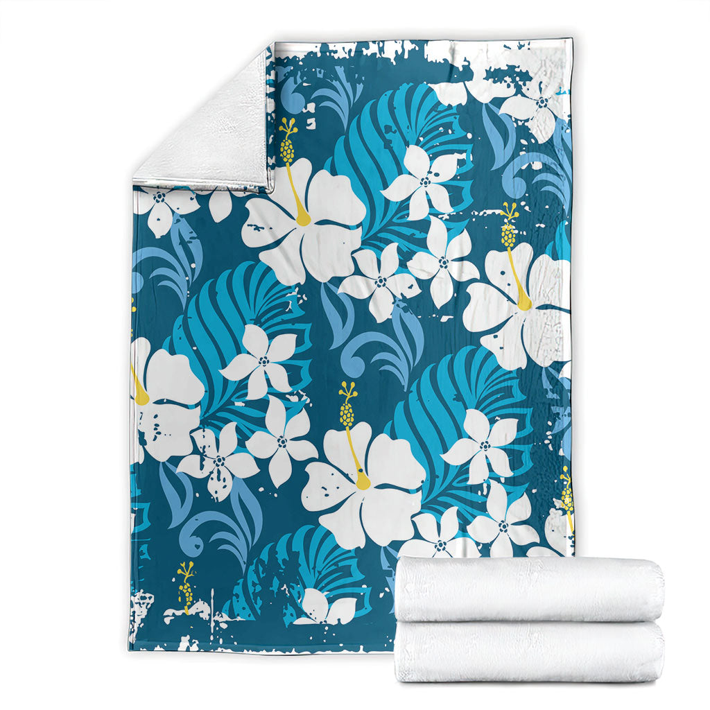 Blue Hawaiian Hibiscus Monstera Blanket Grunge Stylized