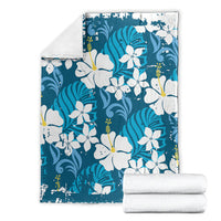Blue Hawaiian Hibiscus Monstera Blanket Grunge Stylized