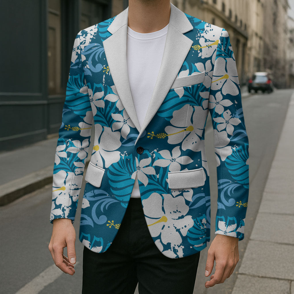 Blue Hawaiian Hibiscus Monstera Blazer Grunge Stylized