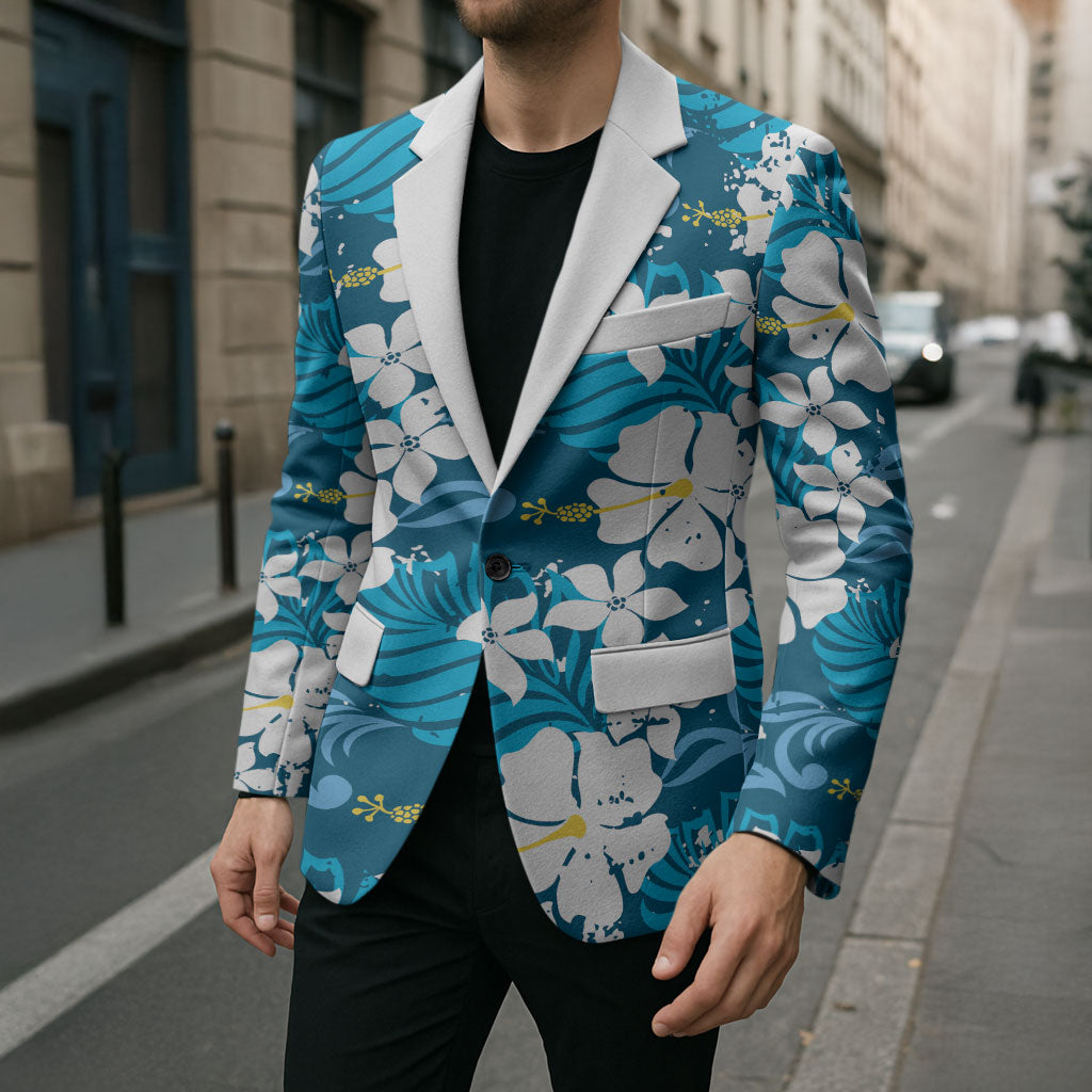 Blue Hawaiian Hibiscus Monstera Blazer Grunge Stylized