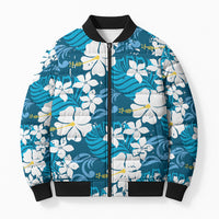 Blue Hawaiian Hibiscus Monstera Bomber Puffer Jacket Grunge Stylized LT01 Unisex Blue - Polynesian Pride