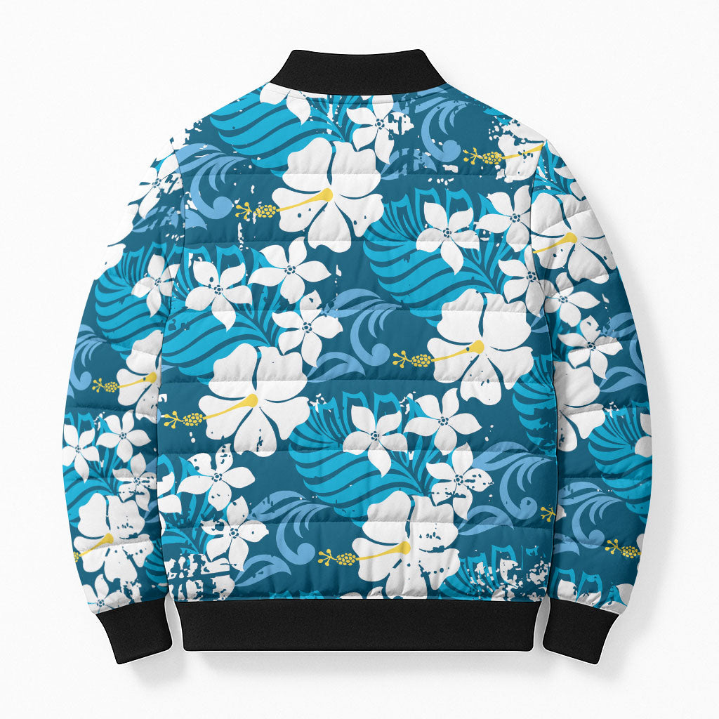 Blue Hawaiian Hibiscus Monstera Bomber Puffer Jacket Grunge Stylized LT01 - Polynesian Pride