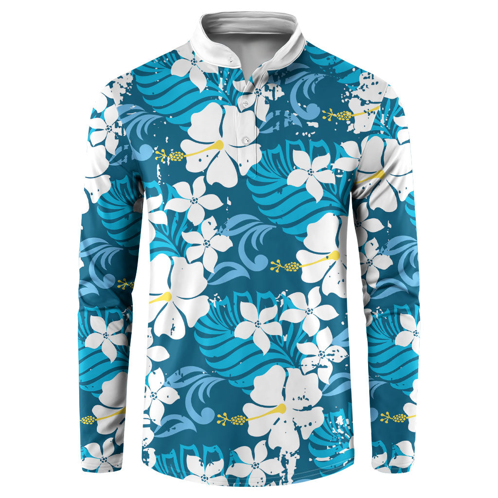 Blue Hawaiian Hibiscus Monstera Button Sweatshirt Grunge Stylized