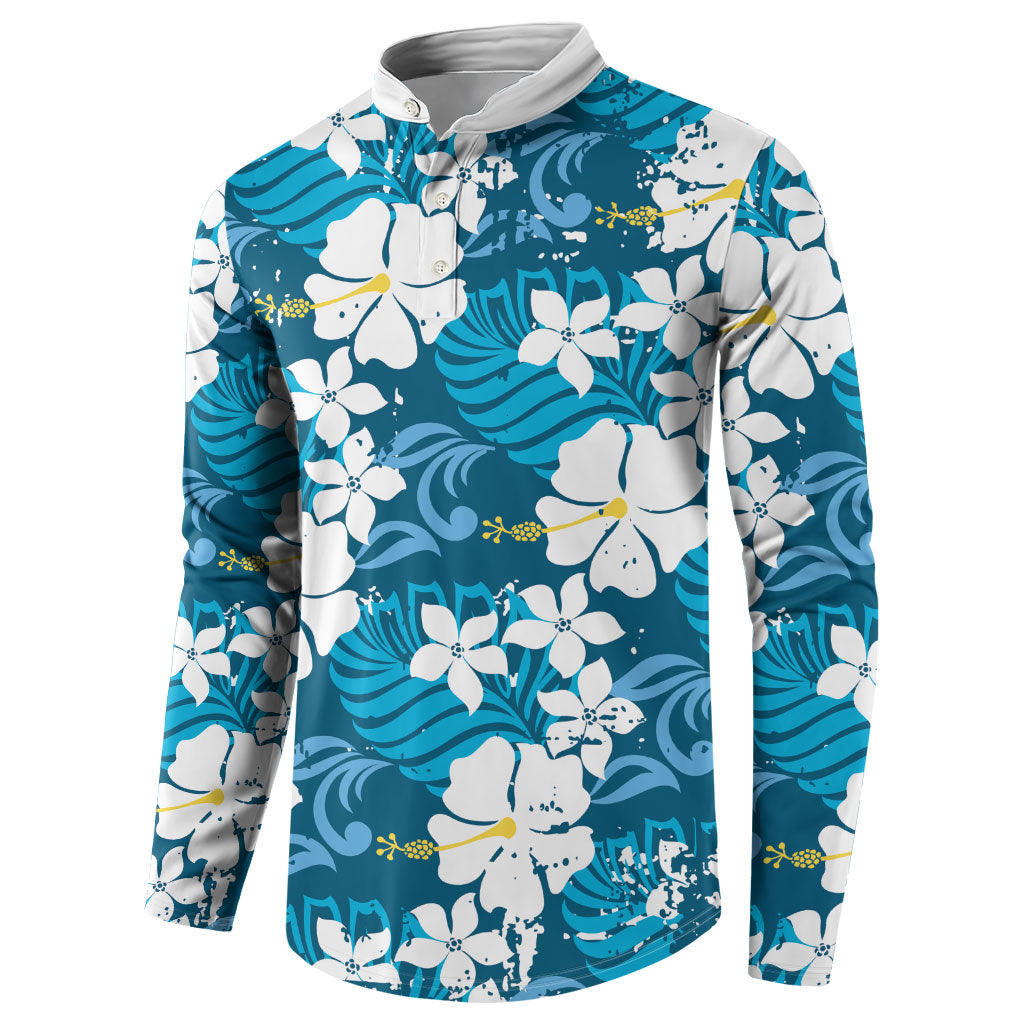 Blue Hawaiian Hibiscus Monstera Button Sweatshirt Grunge Stylized LT01 - Polynesian Pride