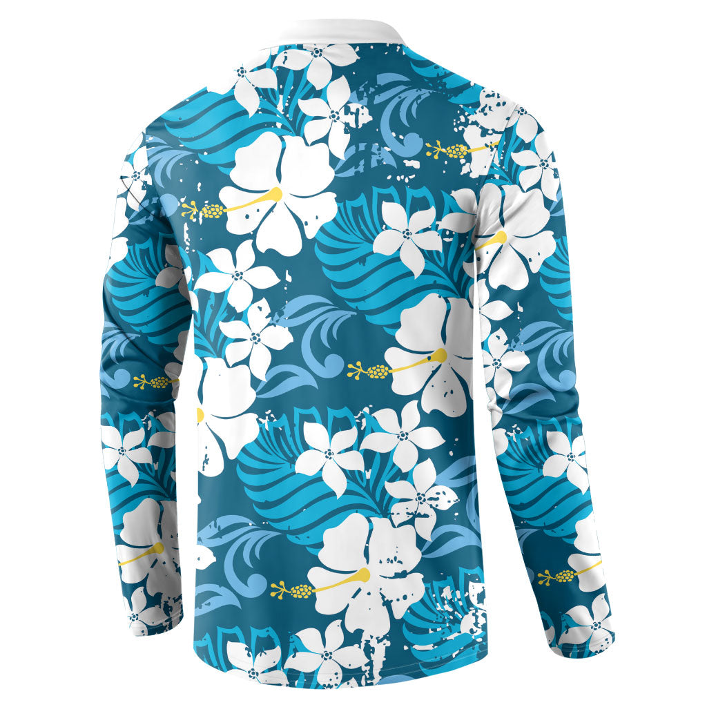 Blue Hawaiian Hibiscus Monstera Button Sweatshirt Grunge Stylized LT01 - Polynesian Pride
