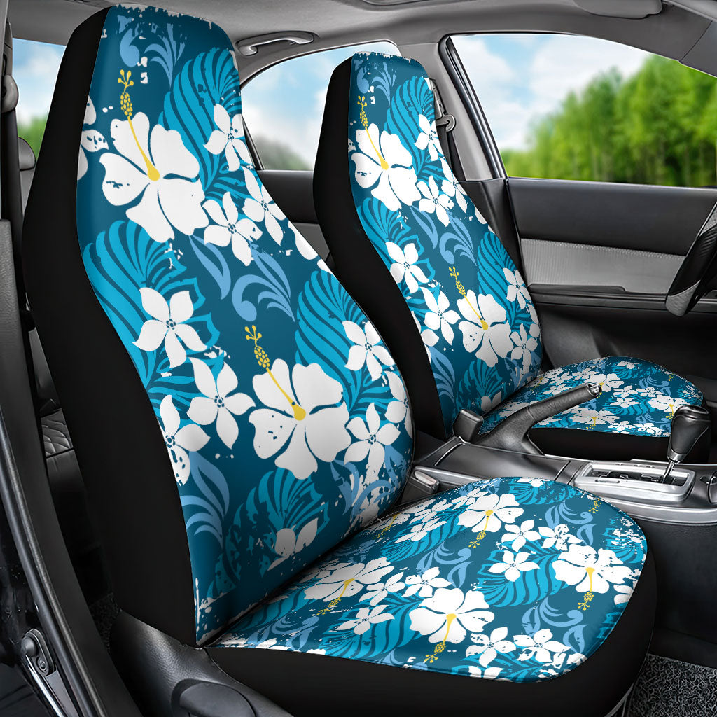 Blue Hawaiian Hibiscus Monstera Car Seat Cover Grunge Stylized