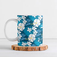 Blue Hawaiian Hibiscus Monstera Ceramic Mug Grunge Stylized