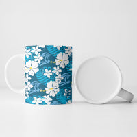 Blue Hawaiian Hibiscus Monstera Ceramic Mug Grunge Stylized