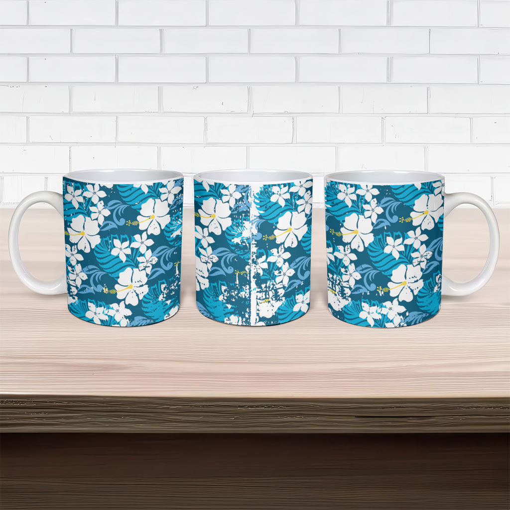 Blue Hawaiian Hibiscus Monstera Ceramic Mug Grunge Stylized