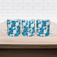 Blue Hawaiian Hibiscus Monstera Ceramic Mug Grunge Stylized