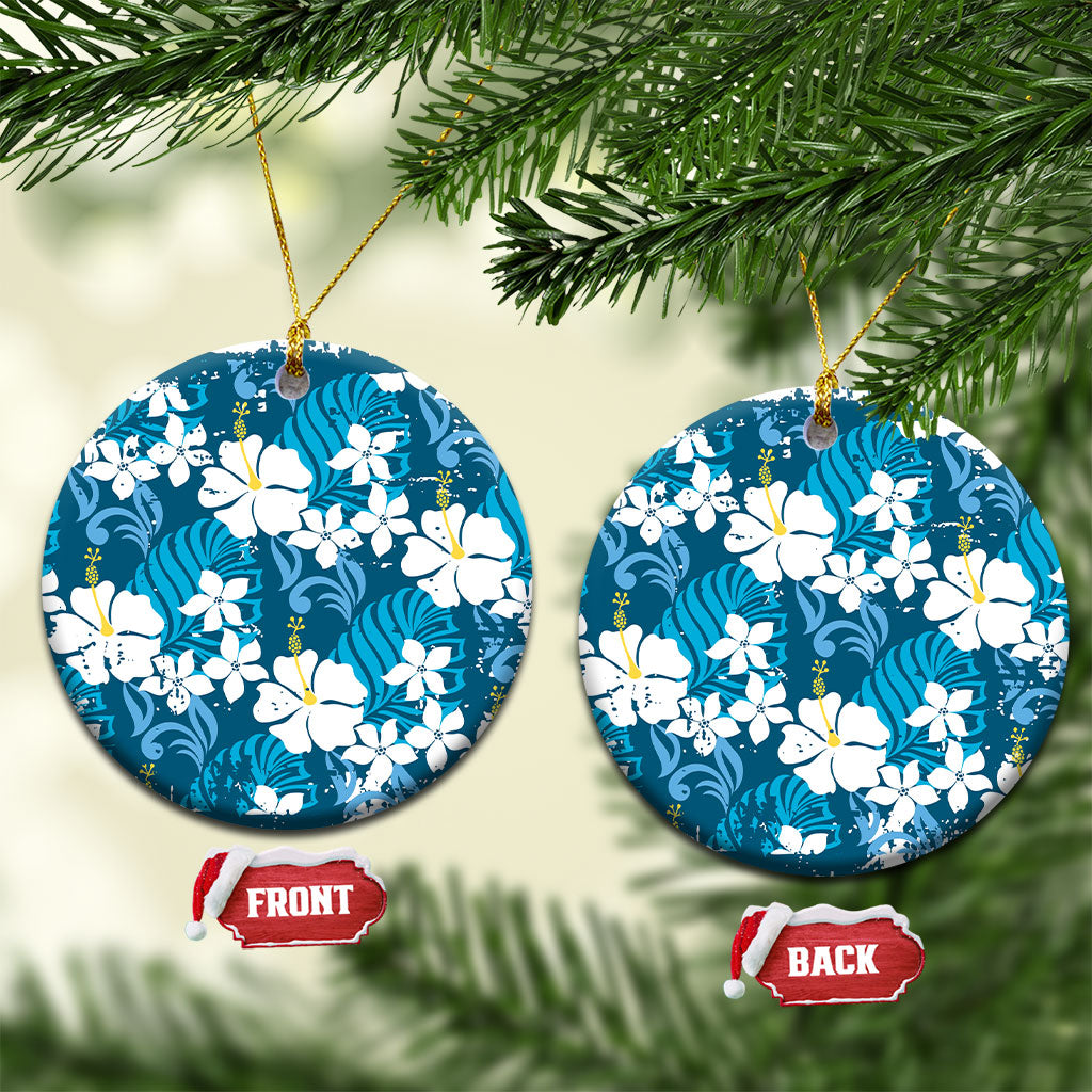 Blue Hawaiian Hibiscus Monstera Ceramic Ornament Grunge Stylized
