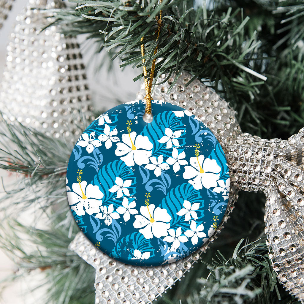 Blue Hawaiian Hibiscus Monstera Ceramic Ornament Grunge Stylized LT01 - Polynesian Pride