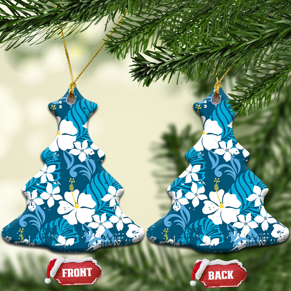Blue Hawaiian Hibiscus Monstera Ceramic Ornament Grunge Stylized LT01 Christmas Tree Blue - Polynesian Pride