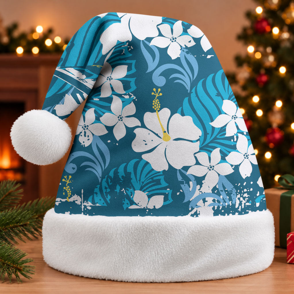 Blue Hawaiian Hibiscus Monstera Christmas Santa Hat Grunge Stylized LT01 Without Fur Blue - Polynesian Pride