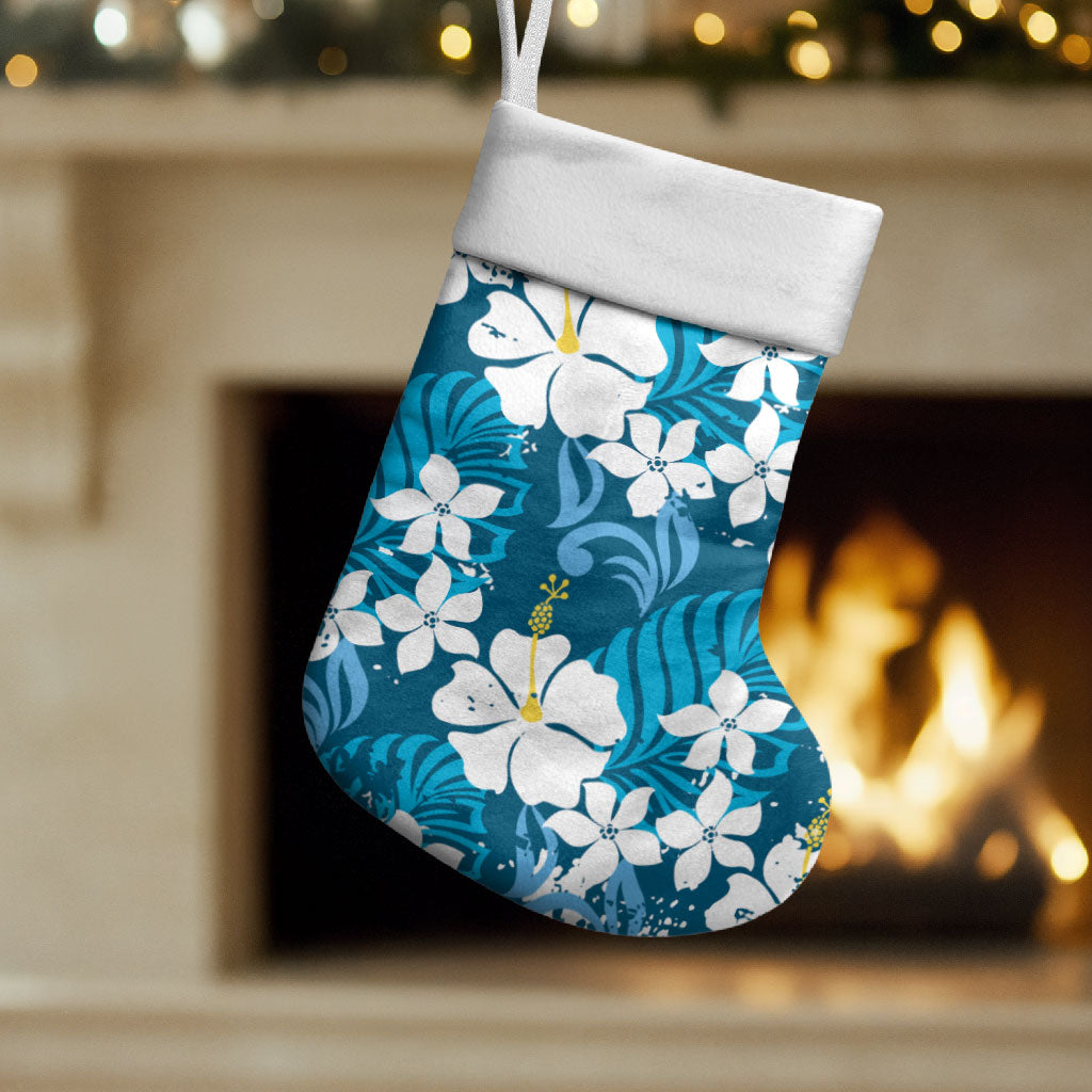 Blue Hawaiian Hibiscus Monstera Christmas Stocking Grunge Stylized