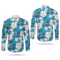 Blue Hawaiian Hibiscus Monstera Couples Matching Off Shoulder Short Dress and Long Sleeve Button Shirt Grunge Stylized LT01 - Polynesian Pride