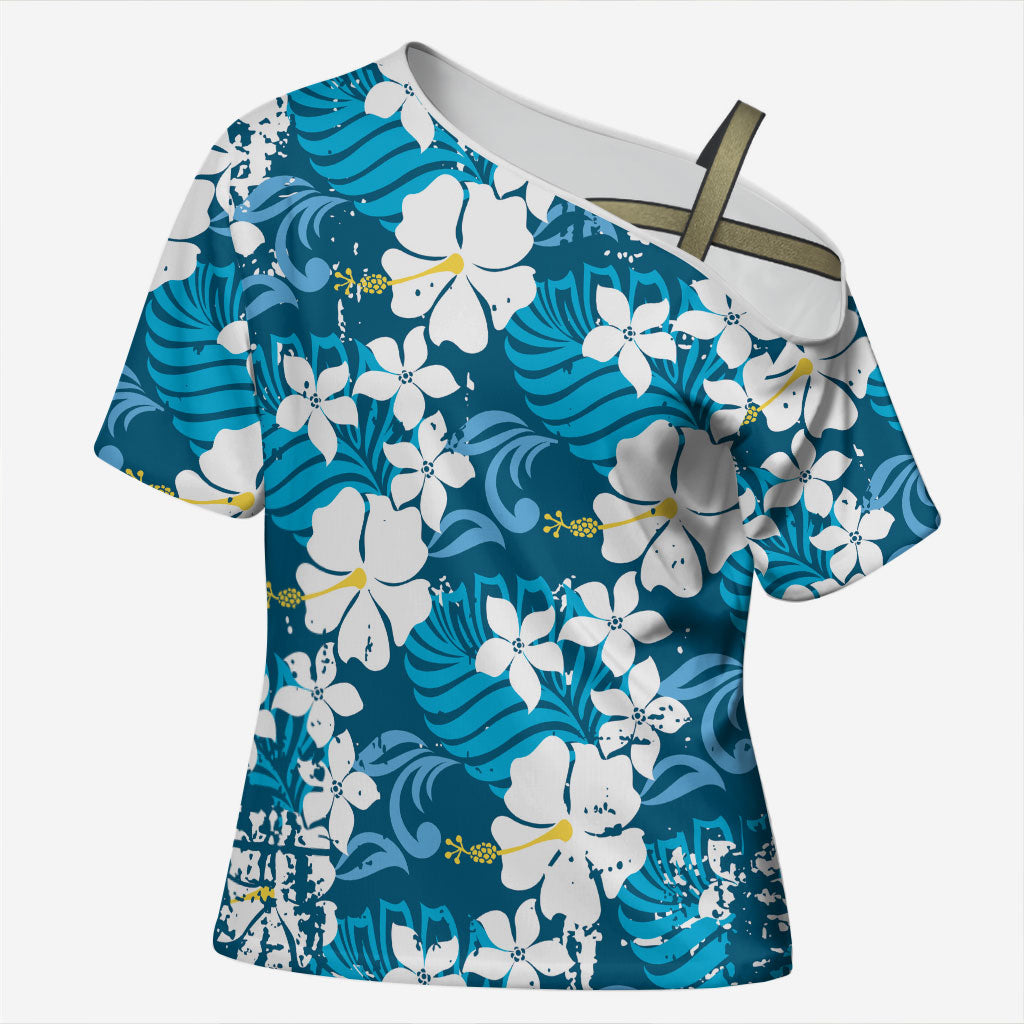 Blue Hawaiian Hibiscus Monstera Cross Shoulder Shirt Grunge Stylized