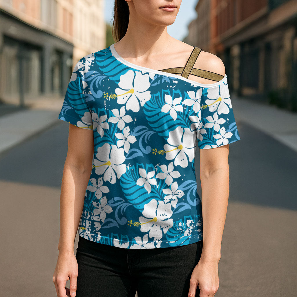 Blue Hawaiian Hibiscus Monstera Cross Shoulder Shirt Grunge Stylized