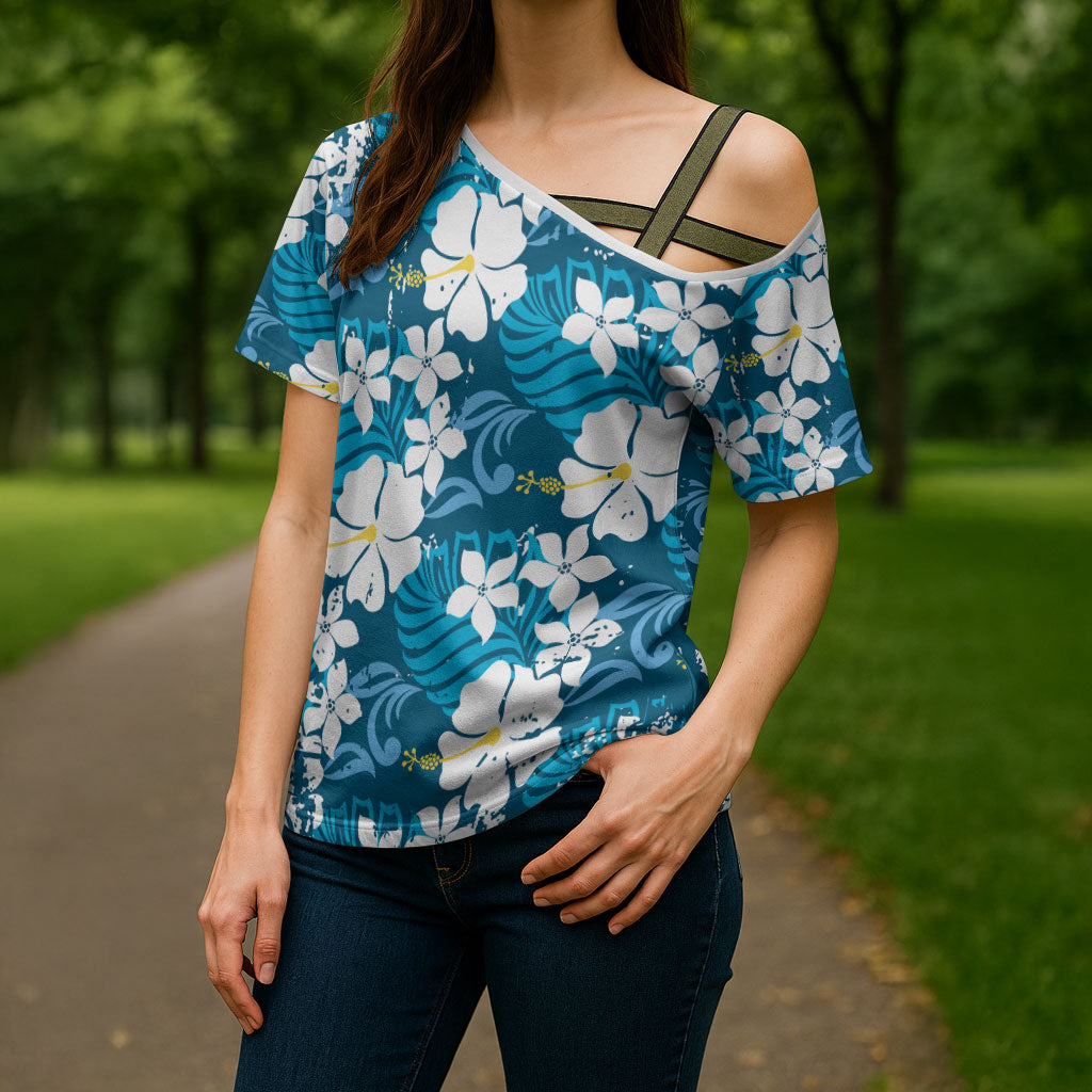 Blue Hawaiian Hibiscus Monstera Cross Shoulder Shirt Grunge Stylized