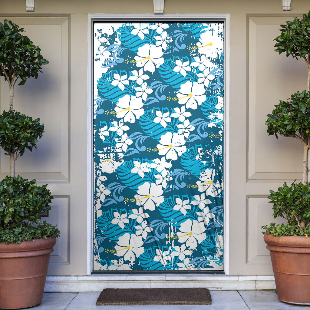 Blue Hawaiian Hibiscus Monstera Door Cover Grunge Stylized