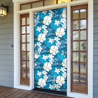 Blue Hawaiian Hibiscus Monstera Door Cover Grunge Stylized