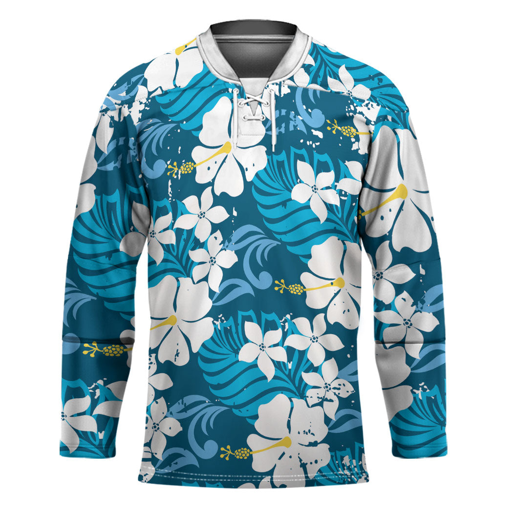 Blue Hawaiian Hibiscus Monstera Hockey Jersey Grunge Stylized