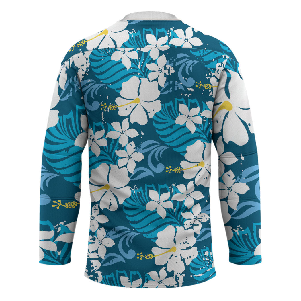 Blue Hawaiian Hibiscus Monstera Hockey Jersey Grunge Stylized