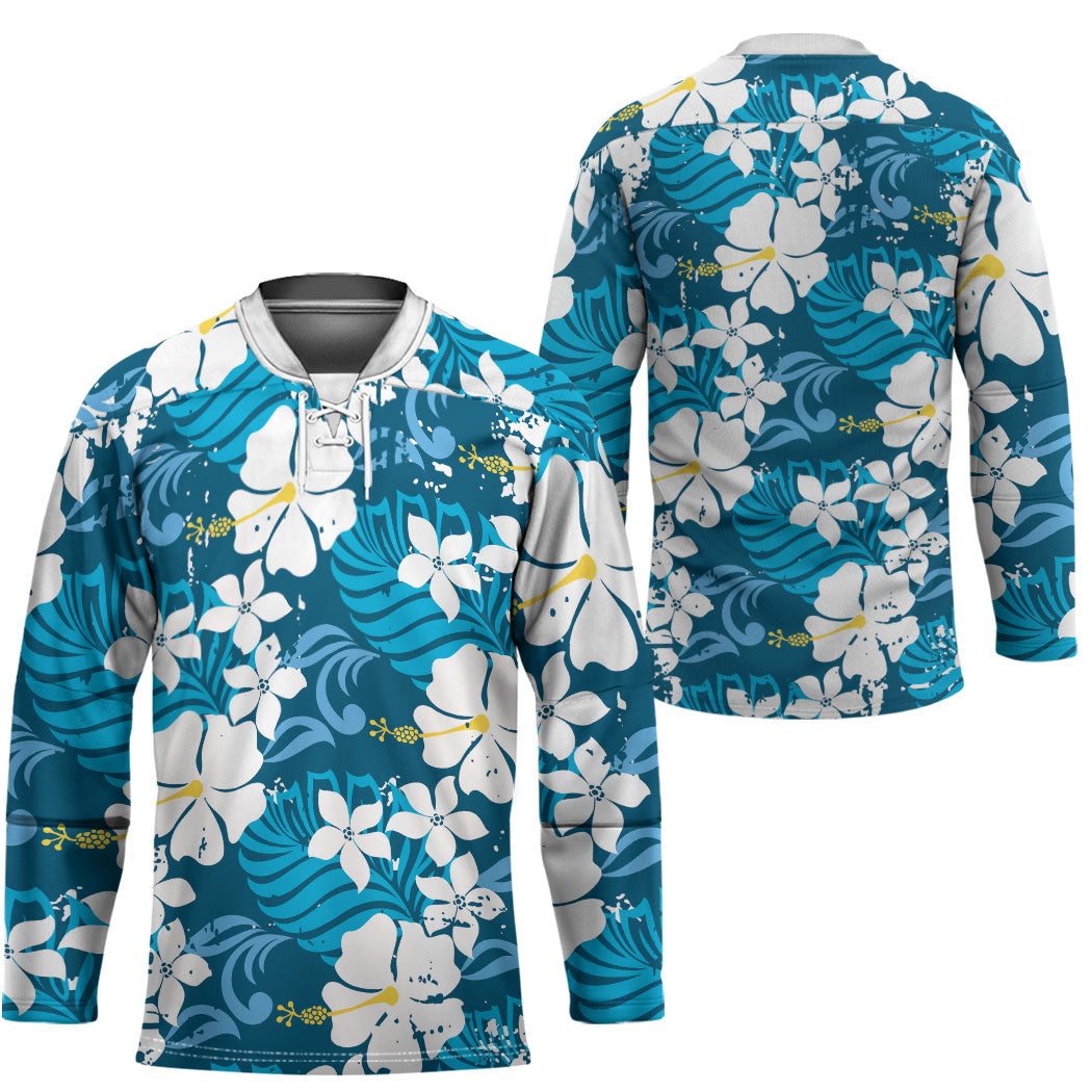 Blue Hawaiian Hibiscus Monstera Hockey Jersey Grunge Stylized