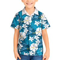 Blue Hawaiian Hibiscus Monstera Kid Hawaiian Shirt Grunge Stylized