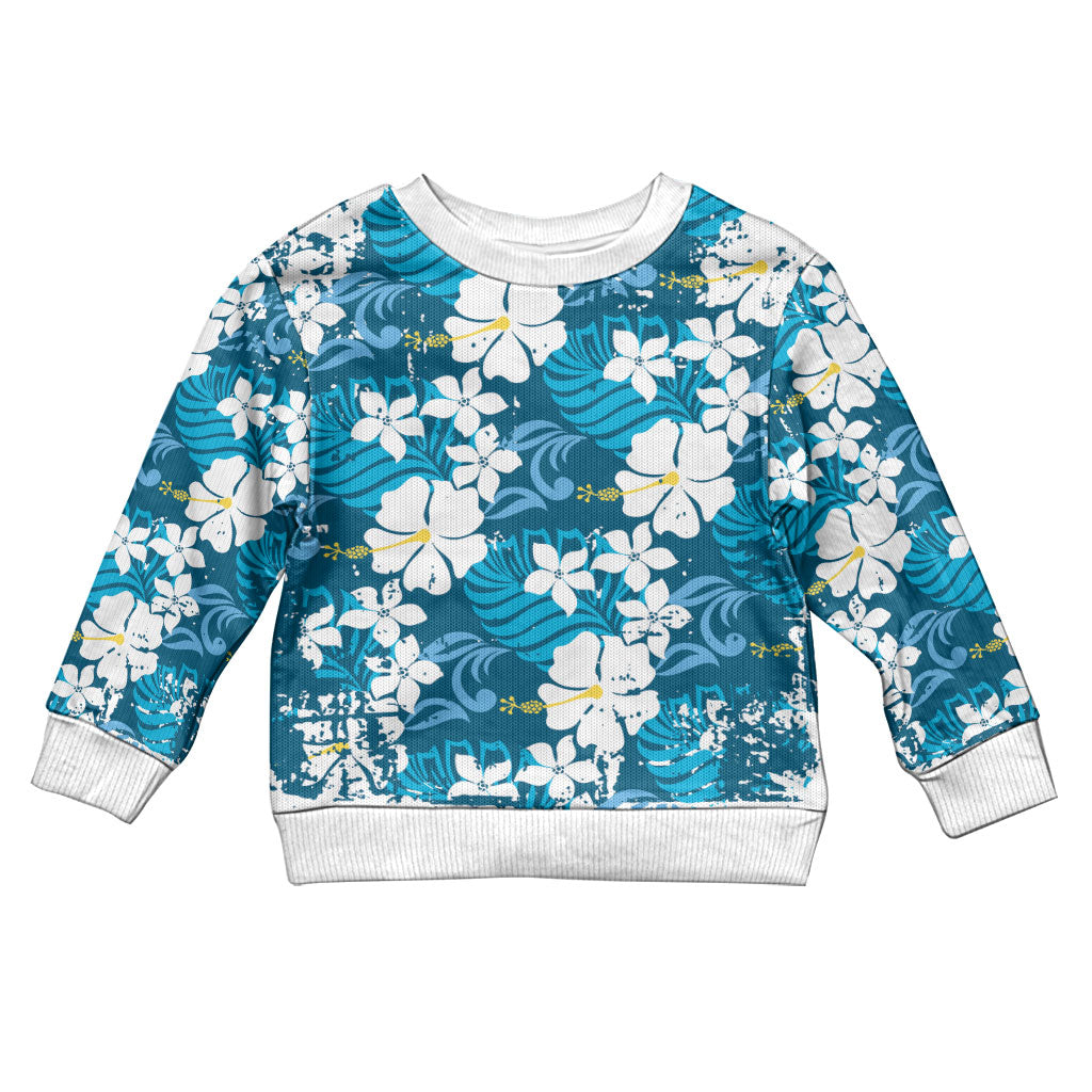 Blue Hawaiian Hibiscus Monstera Kid Ugly Christmas Sweater Grunge Stylized