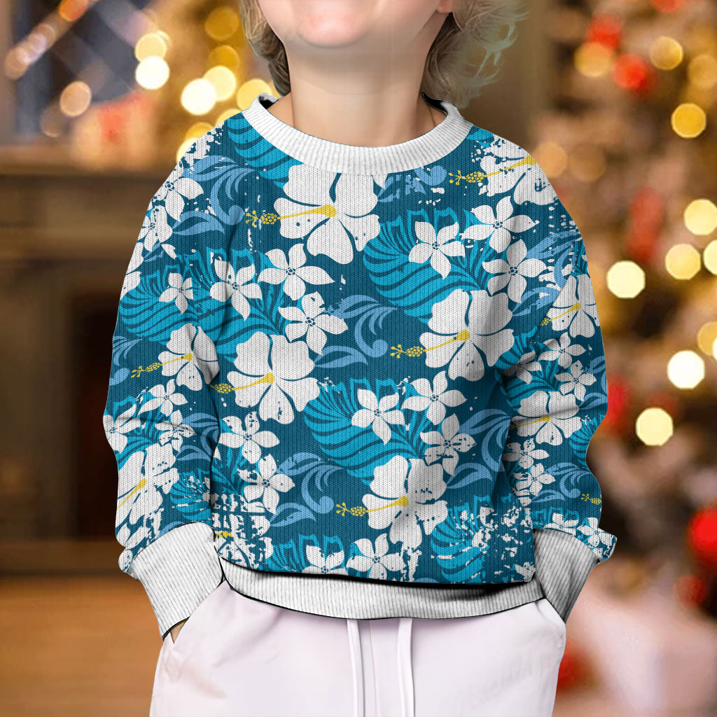 Blue Hawaiian Hibiscus Monstera Kid Ugly Christmas Sweater Grunge Stylized
