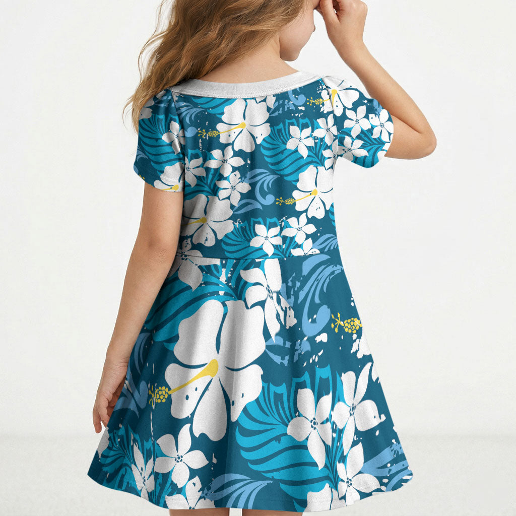 Blue Hawaiian Hibiscus Monstera Kid Short Sleeve Dress Grunge Stylized LT01 - Polynesian Pride
