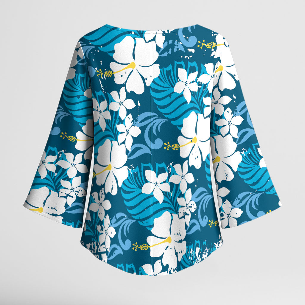 Blue Hawaiian Hibiscus Monstera Kimono Sleeve Blouse Grunge Stylized