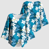 Blue Hawaiian Hibiscus Monstera Kimono Sleeve Blouse Grunge Stylized