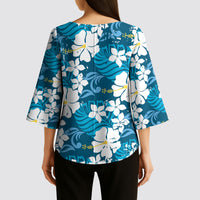 Blue Hawaiian Hibiscus Monstera Kimono Sleeve Blouse Grunge Stylized